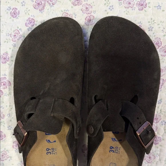 Birkenstock Dark Brown Suede Boston Clogs with Copper Buckles - Picture 2 of 6